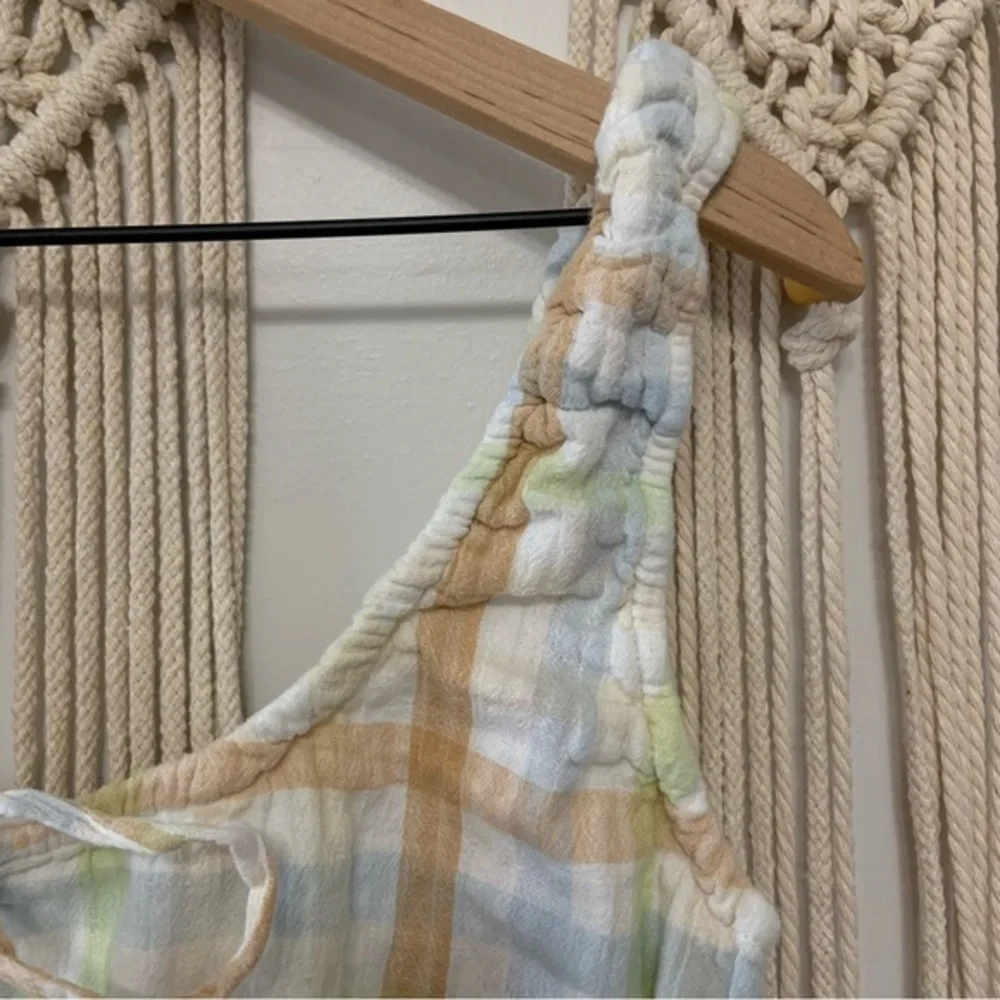 AMERICAN EAGLE Cotton Linen Plaid Smock And Roll‎ Tie Front Smocked Top Medium - Picture 8 of 10
